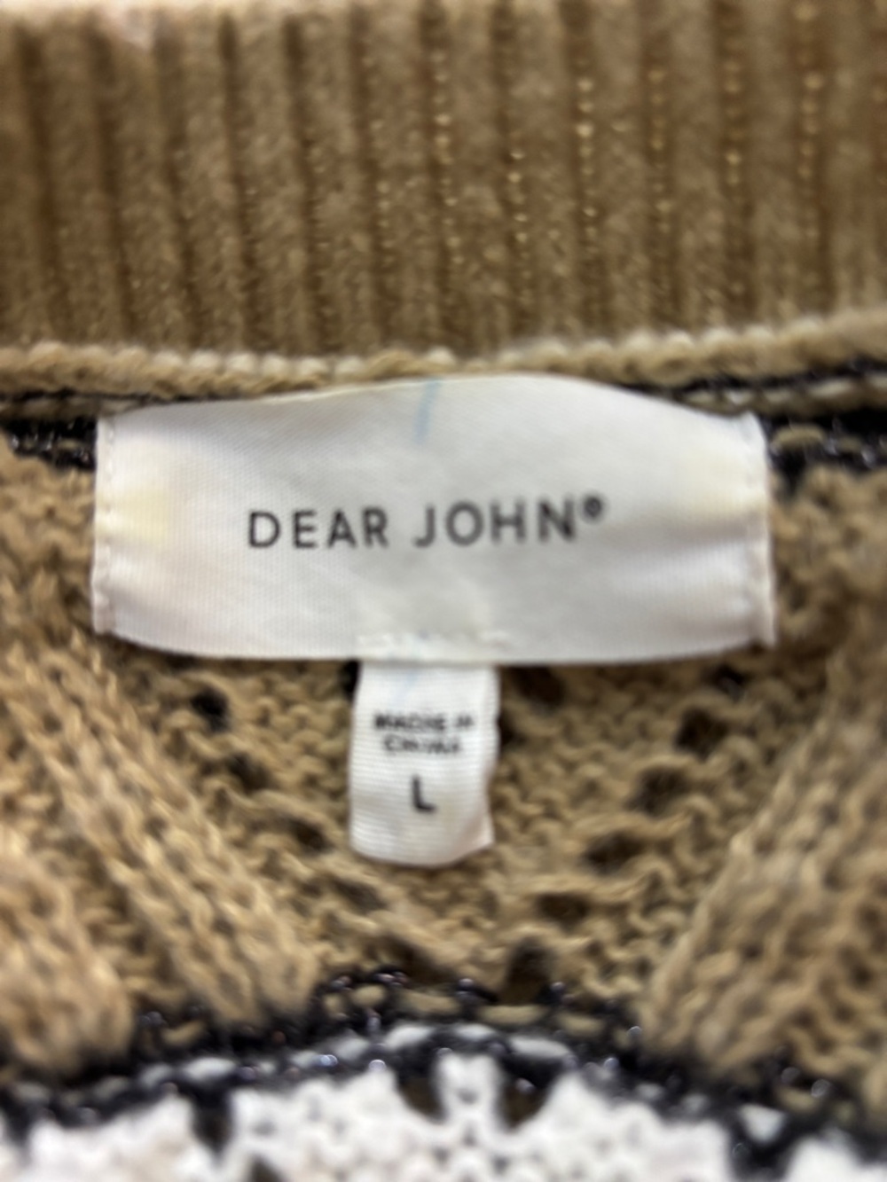 Dear John Boho Knit Sweater Large Neutral Cream Tan Black Metallic Stripe V Neck - Picture 4 of 6